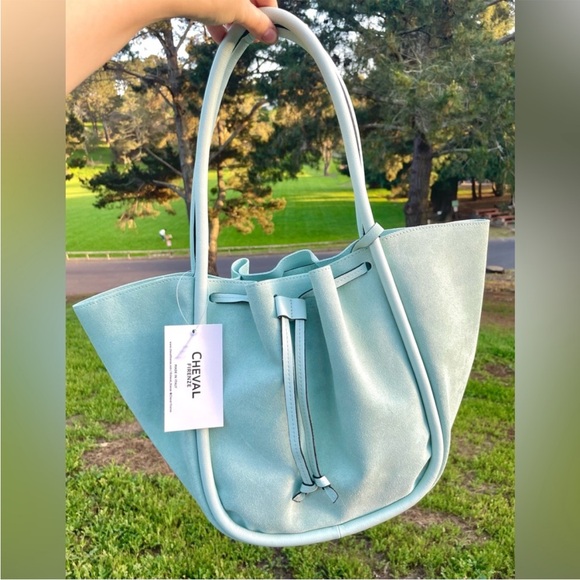 Cheval Firenze Seafoam Mint Suede Tote Made In Italy Drawstring Bag w/ Pouch NWT - Picture 6 of 11